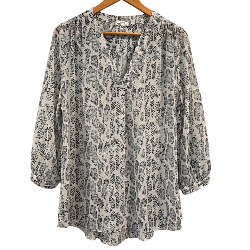 Jodifl Snake Animal Print Sheer Vneck Blouse Black & White Neutral Minimalist